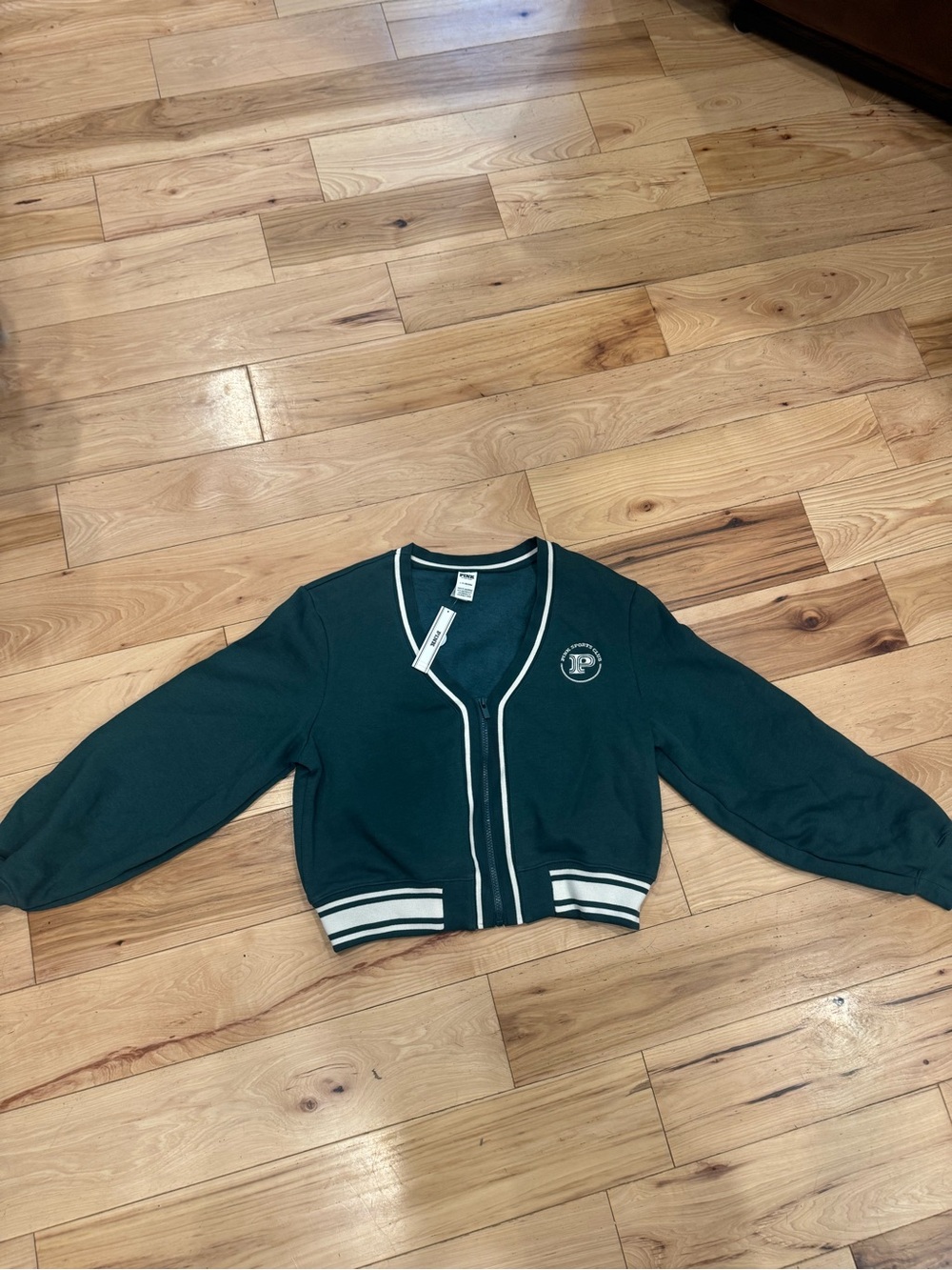 PINK Victoria's Secret Dark Green Cropped Varsity Jacket with White Trim